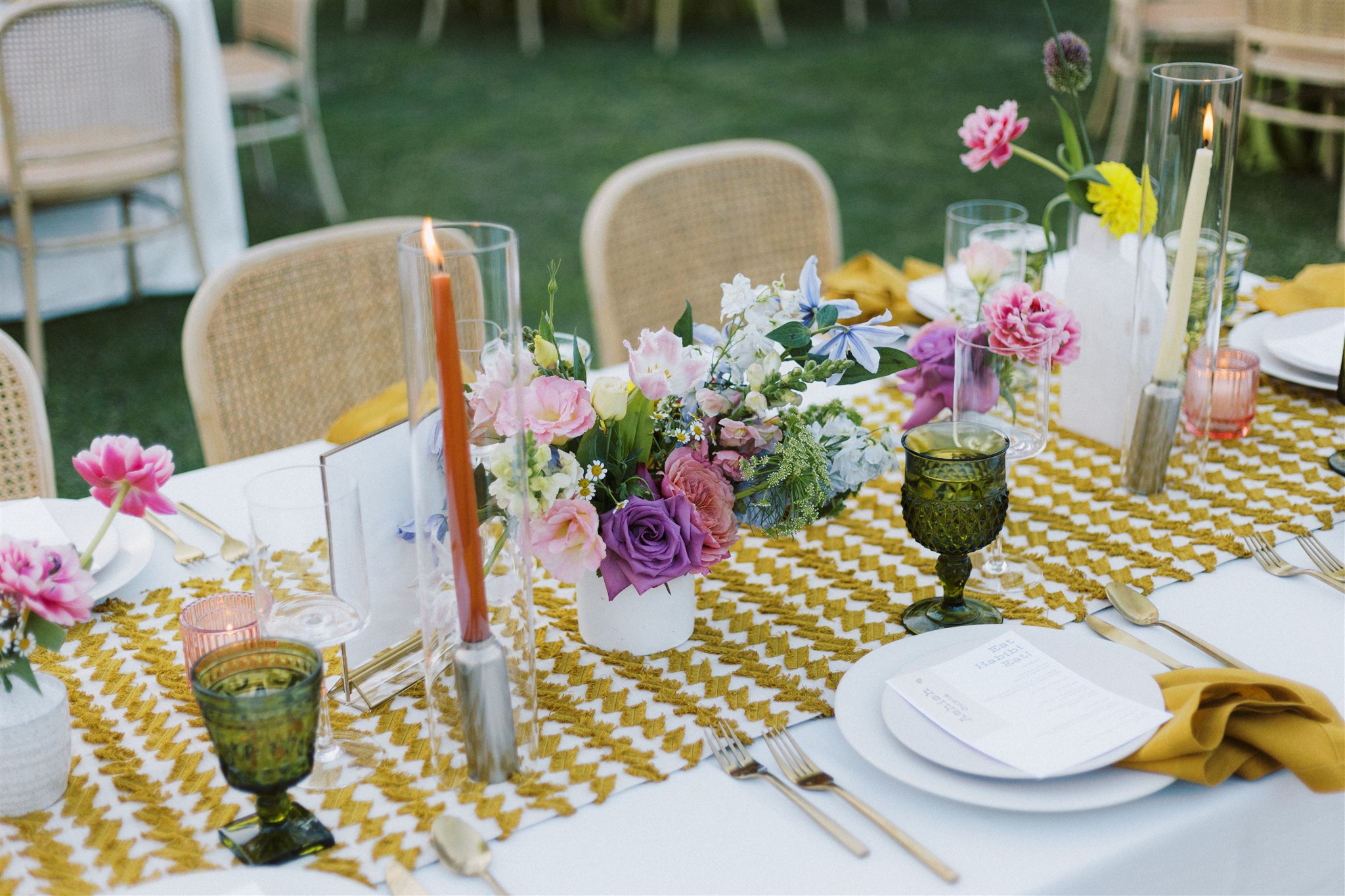 This beautiful tablescape was the perfect addition to this vibrant Palm Springs wedding reception. Our Green Wine Goblets add a nice touch to this table setting. Archive has everything you need for your event and wedding rentals in Palm Springs, Orange County, Los Angeles, and San Diego areas!