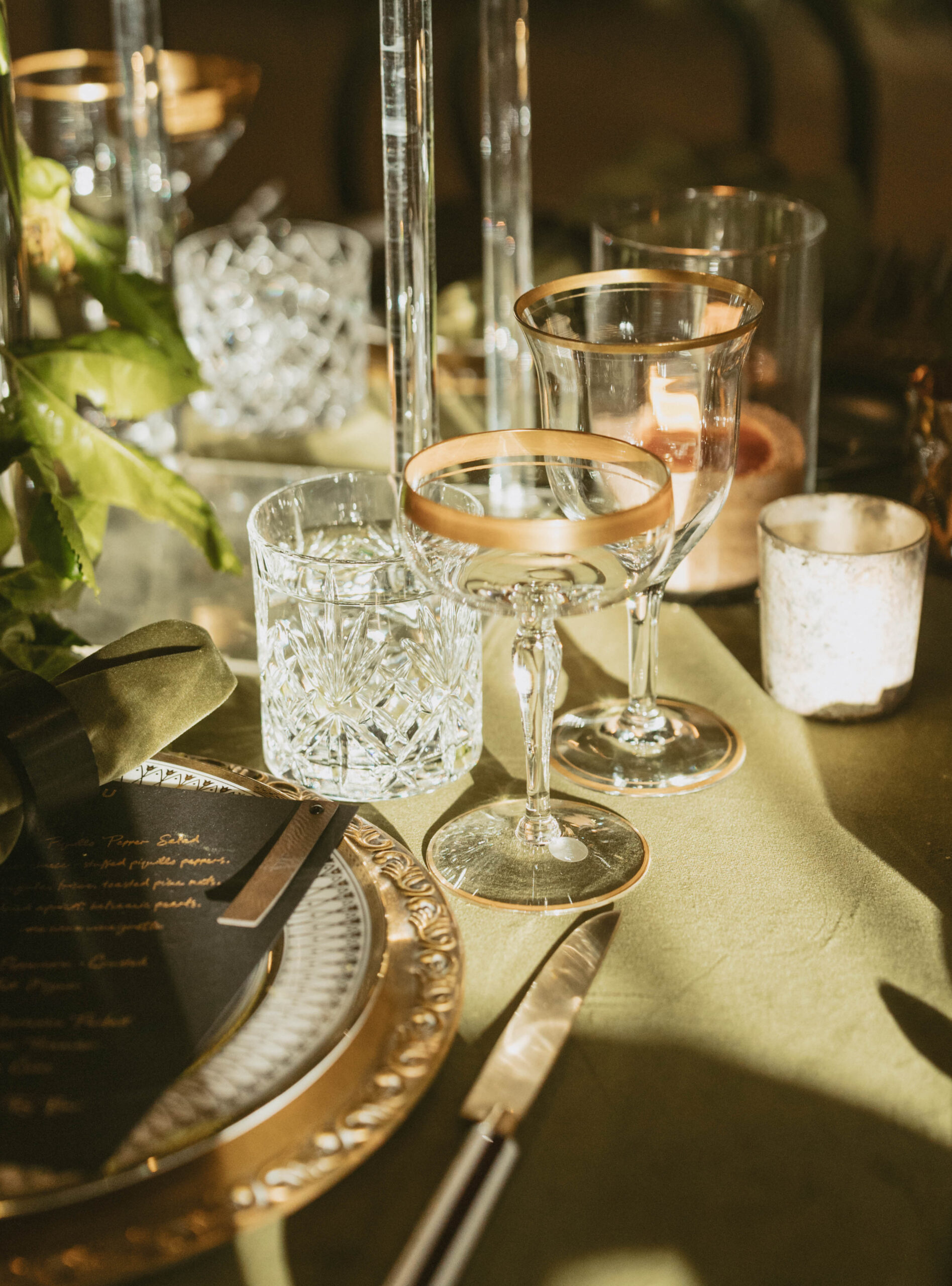 Al Fresco Fall Harvest Wedding - Agape San Clemente - Ornate Brass Charger - Vivienne Gold Dinner Plate - Vivienne - Gold - Salad Plate - Cut Clear Crystal Cocktail Glass - Cocktail - Glass - Clear Gold Rim Champagne Coupe - Gold Rim - Coupe - Clear Glass Water Goblet - Goblet - Tux Brown - Dinner Knife