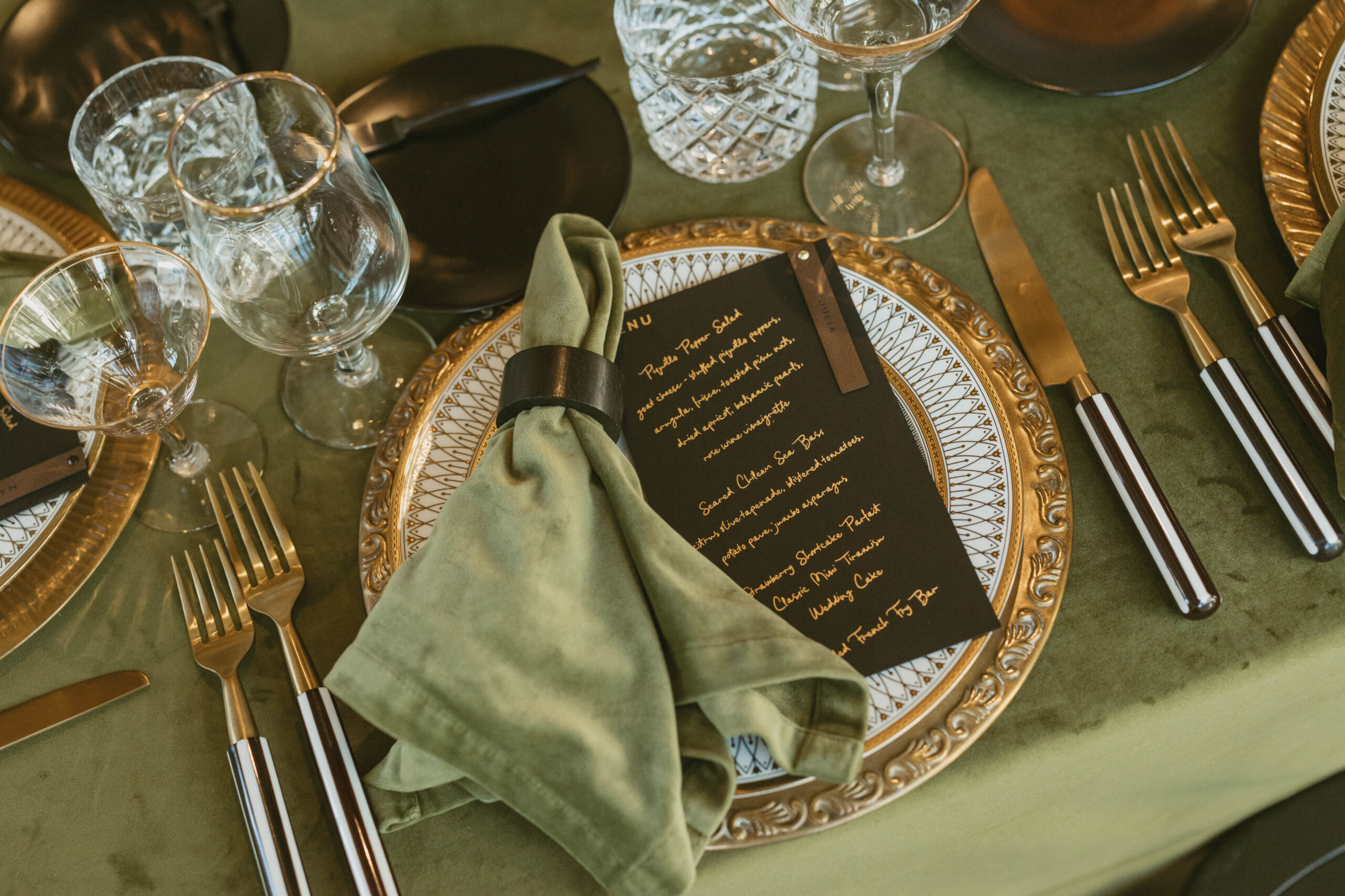 Al Fresco Fall Harvest Wedding - Agape San Clemente -Ornate Brass Charger - Vivienne Gold Dinner Plate - Vivienne - Gold - Salad Plate - Stoneware Charcoal - Bread Plate - Cut Clear Crystal Cocktail Glass - Cocktail - Glass - Clear Gold Rim Champagne Coupe - Gold Rim - Coupe - Clear Glass Water Goblet - Goblet - Tux Brown - Dinner Knife - Dinner Fork - Salad Fork