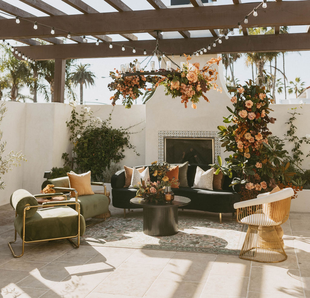 Al Fresco Fall Harvest Wedding - Agape San Clemente - Imogen Rug - Morticia Sofa - Midori Chair - Valentina Chair - Alton Coffee Table - Uma Vase - Mae Side Table - Hurricane Jennifer - Zulu Pillow - Pillow - shades of Brown - Shades of Green - Shades of Tan and Carmel