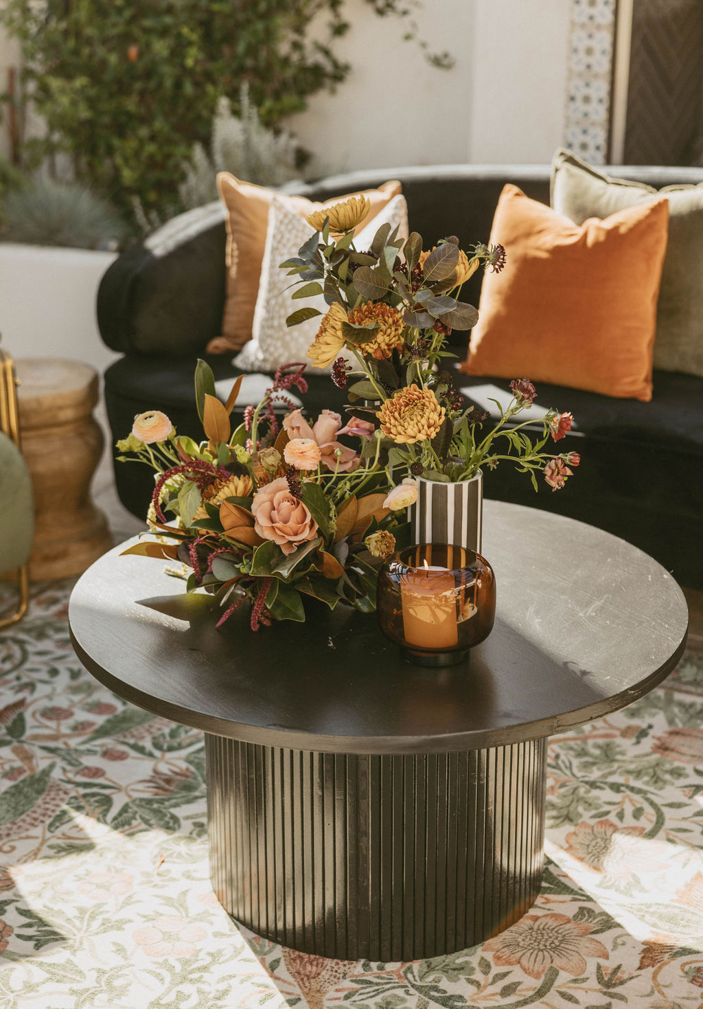 Al Fresco Fall Harvest Wedding - Agape San Clemente -Alton Coffee Table - Mae Side Table - Jennifer Hurricane - Uma Vase - Morticia Sofa - Pillow - Shades of Brown - Zulu Pillow - Imogen Rug