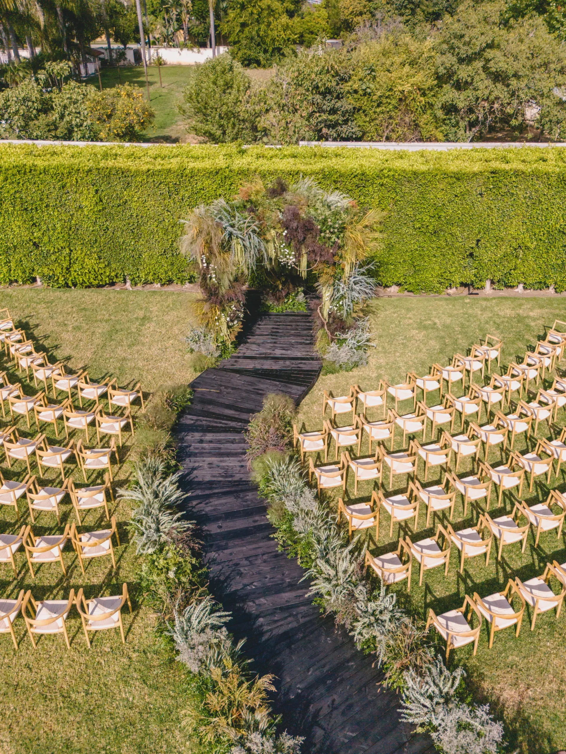 Noir and Wicker - A Cali Country Luxe Wedding | Private Residence -Acacia Chair - Natural Wood - Ceremony - Wedding